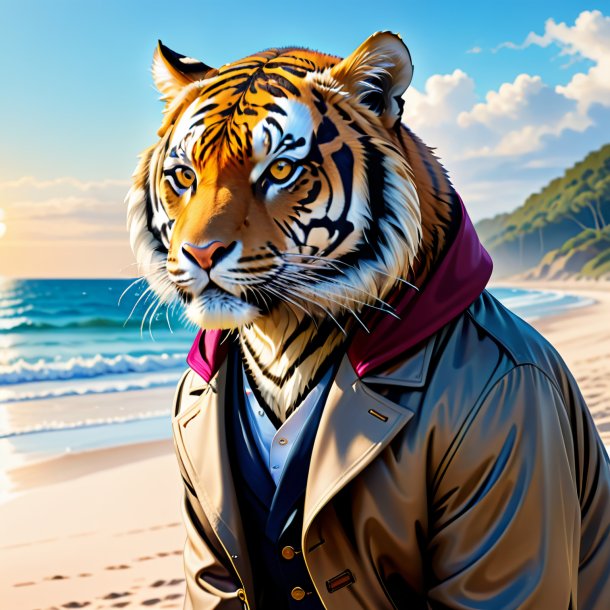 Dibujo de un tigre en un abrigo en la playa