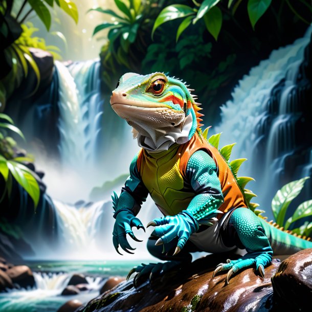 Picture of a lizard in a gloves in the waterfall