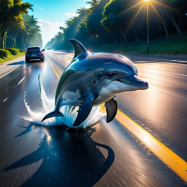 Image of a playing of a dolphin on the road