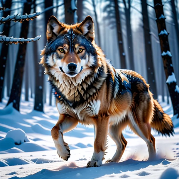 Foto de un baile de un lobo en la nieve