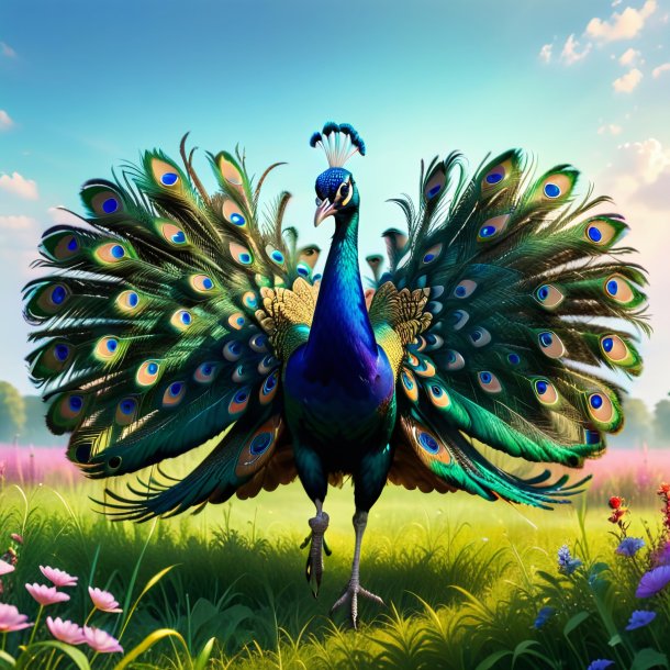 Picture of a jumping of a peacock in the meadow