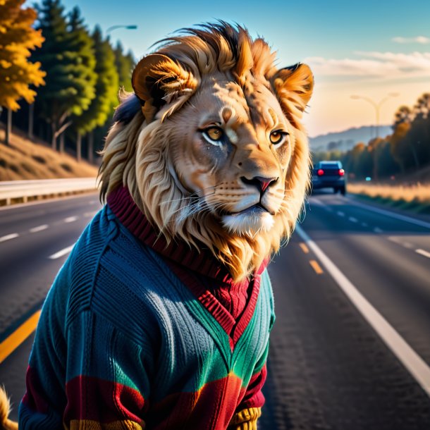 Foto de un león en un suéter en la carretera