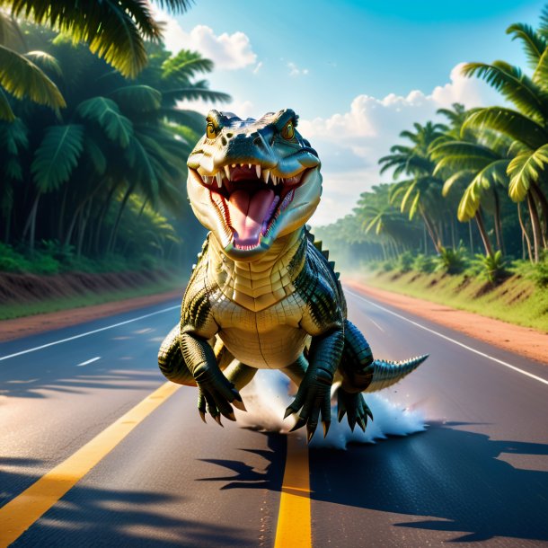 Pic of a jumping of a crocodile on the road