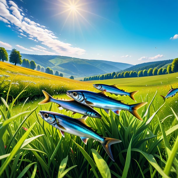 Picture of a jumping of a sardines in the meadow