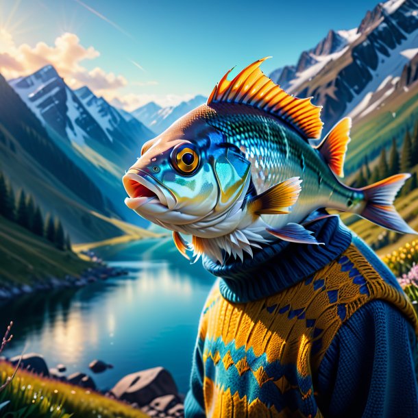 Picture of a fish in a sweater in the mountains