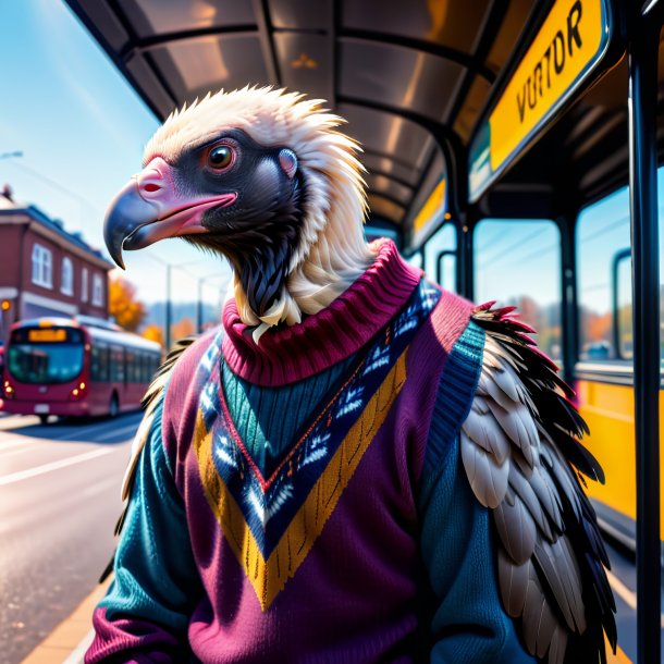 Imagem de um abutre em um suéter no ponto de ônibus