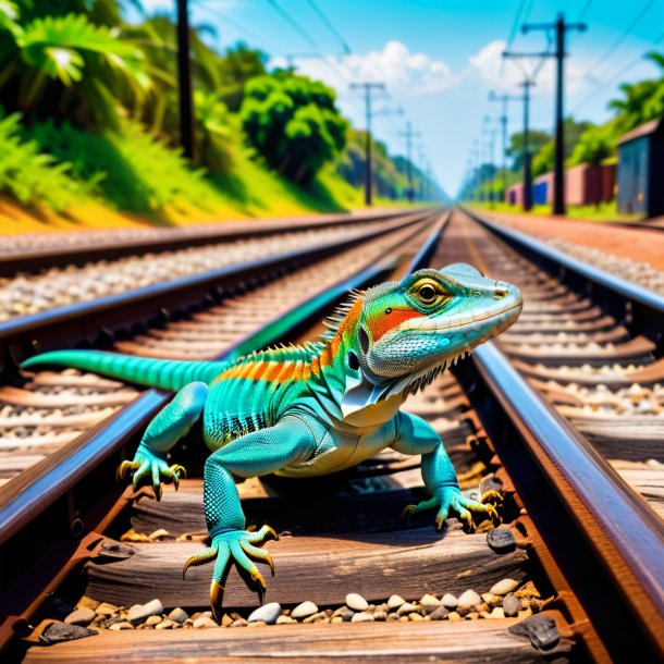 Imagen de un descanso de un lagarto en las vías del ferrocarril