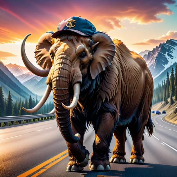 Picture of a mammoth in a cap on the highway