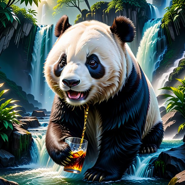 Picture of a drinking of a giant panda in the waterfall