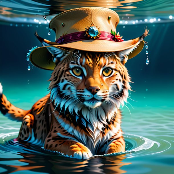 Illustration of a lynx in a hat in the water