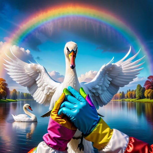 Photo of a swan in a gloves on the rainbow