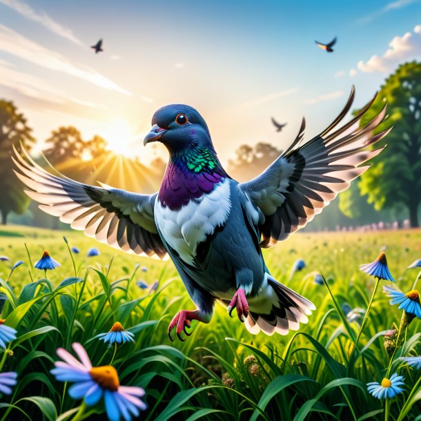 Image of a jumping of a pigeon in the meadow