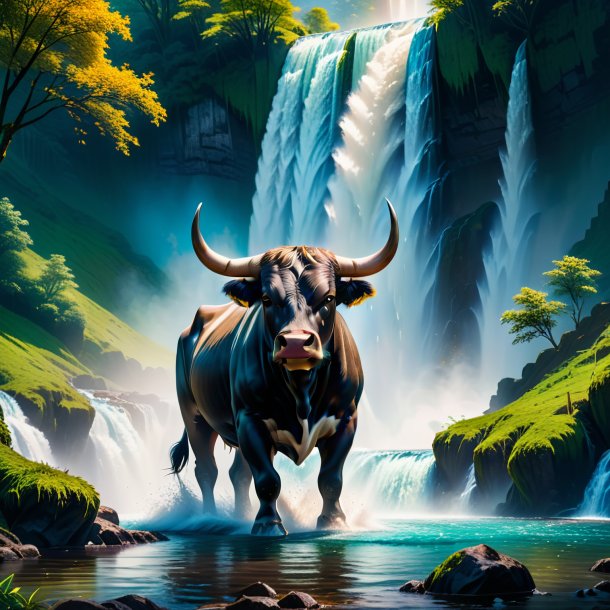 Image of a crying of a bull in the waterfall