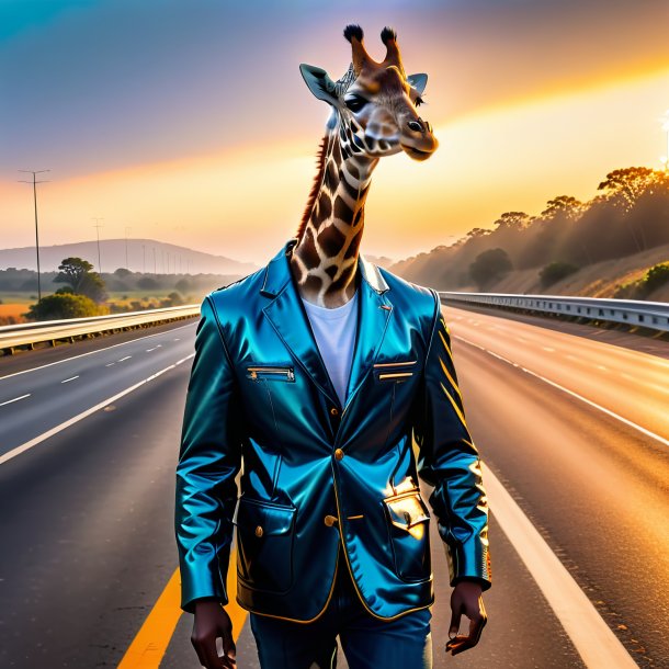 Pic of a giraffe in a jacket on the highway