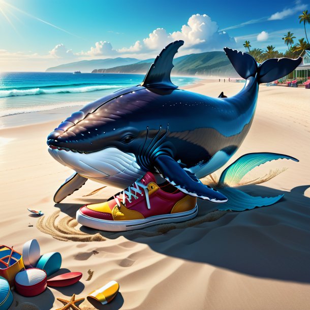 Dessin d'une baleine dans une chaussure sur la plage