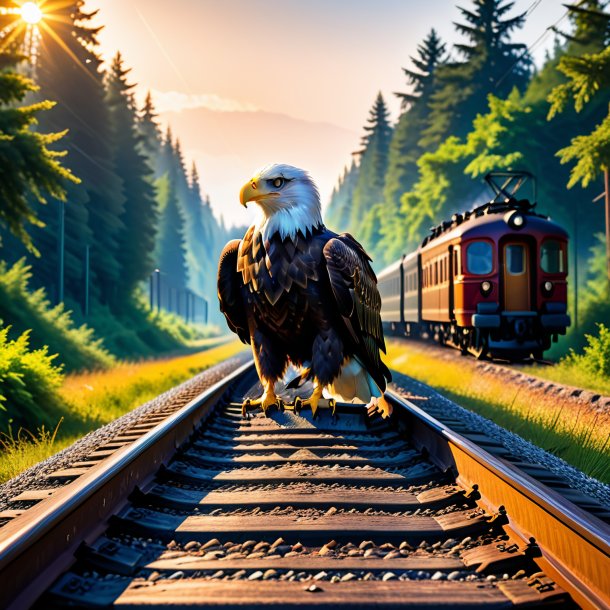 Image of a waiting of a eagle on the railway tracks