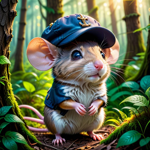 Image d'une souris dans une casquette dans la forêt