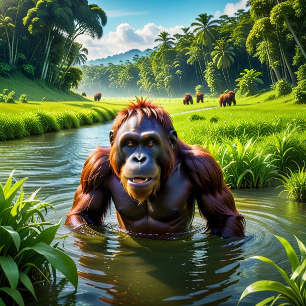 Image of a swimming of a orangutan in the meadow