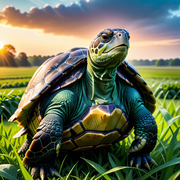 Imagen de una tortuga en un abrigo en el campo