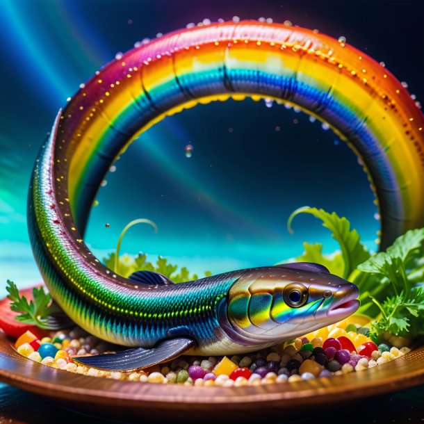 Imagen de un comer de una anguila en el arco iris