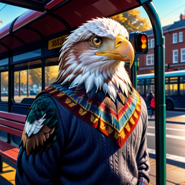 Illustration of a eagle in a sweater on the bus stop