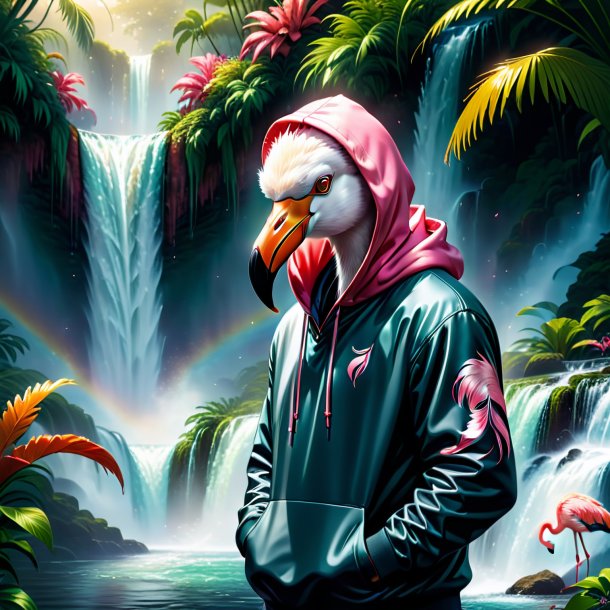 Illustration of a flamingo in a hoodie in the waterfall