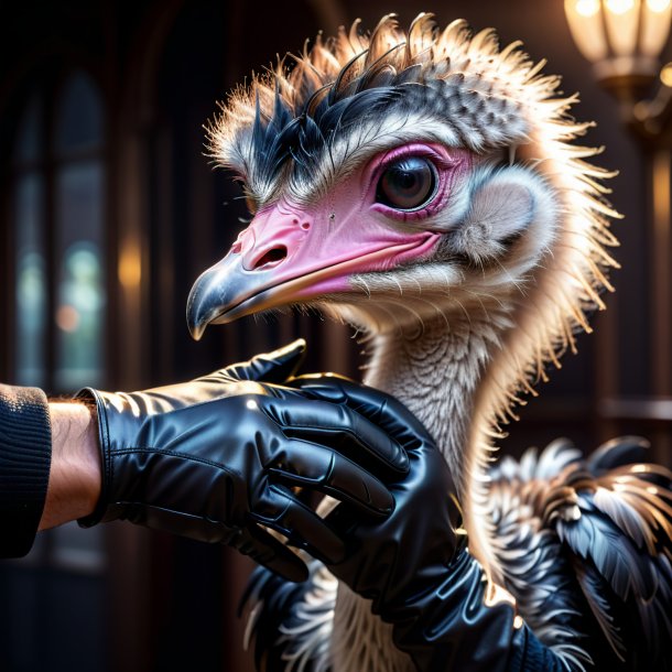 Image of a ostrich in a black gloves