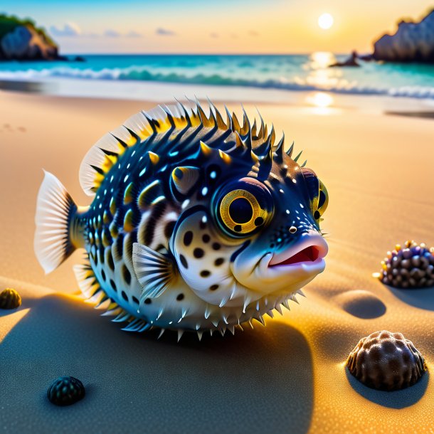 Pic d'une attente d'un poisson soufflé sur la plage