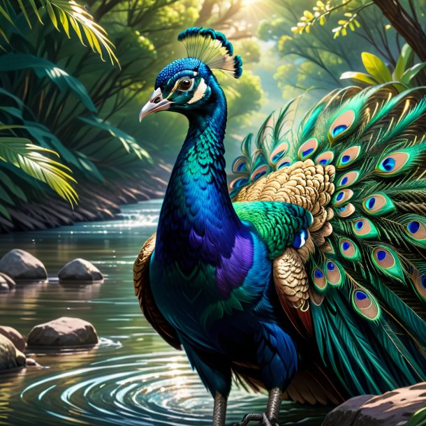 Dibujo de un pavo real en un cinturón en el río