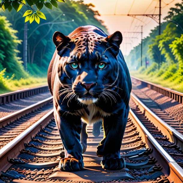 Foto de una pantera en los zapatos en las vías del tren