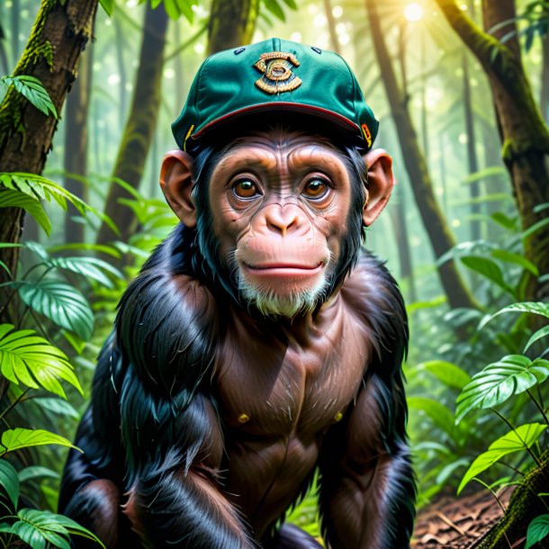 Picture of a chimpanzee in a cap in the forest