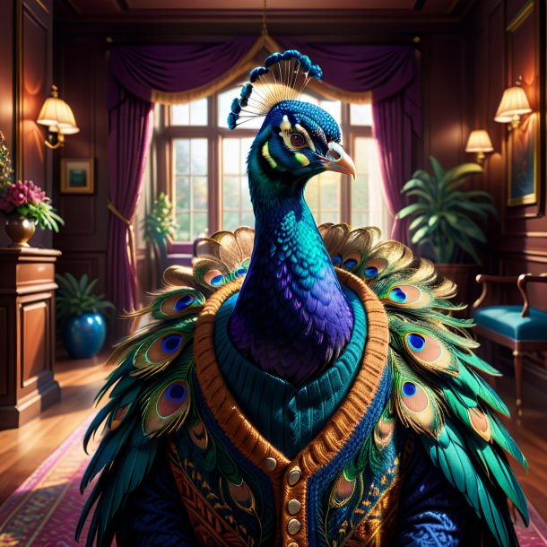 Ilustración de un pavo real en un suéter en la casa