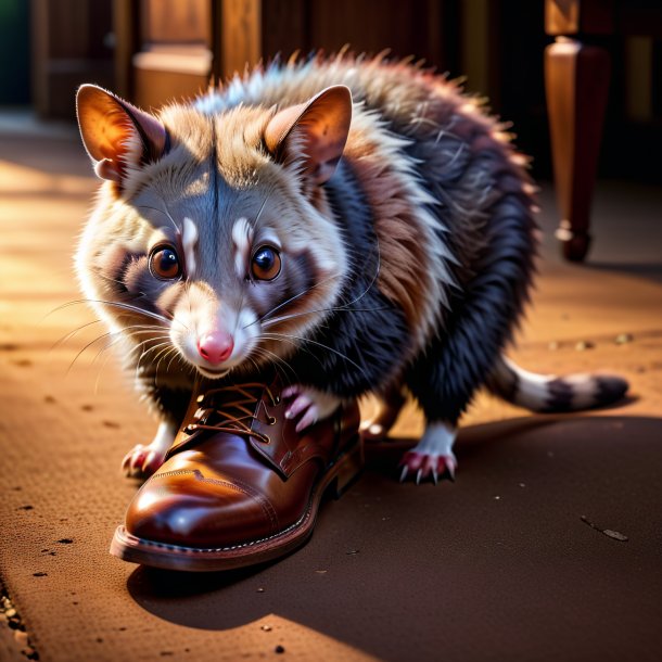 Photo of a possum in a brown shoes