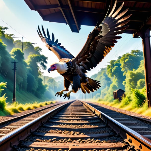 Picture of a jumping of a vulture on the railway tracks