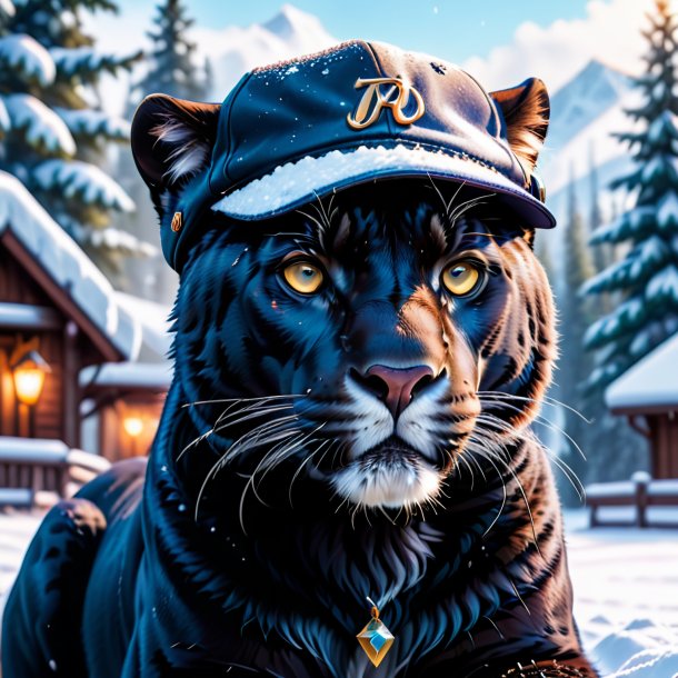 Foto de uma pantera em um boné na neve