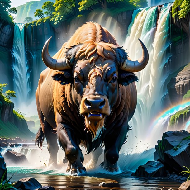 Pic of a crying of a buffalo in the waterfall