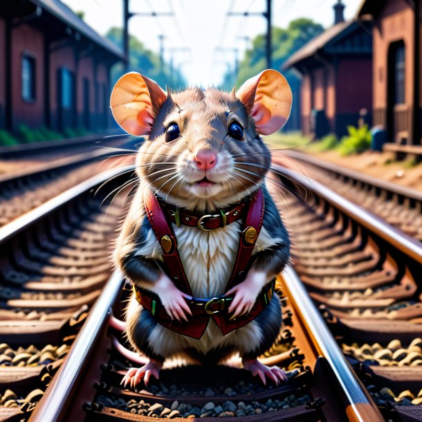 Picture of a rat in a belt on the railway tracks