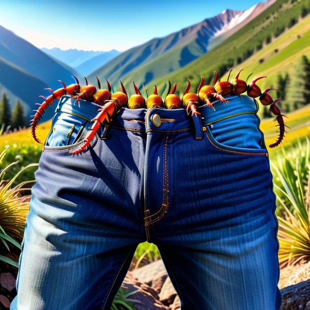 Imagen de un ciempiés en jeans en las montañas