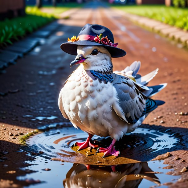 Picture of a dove in a hat in the puddle