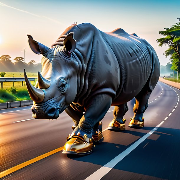 Photo of a rhinoceros in a shoes on the highway