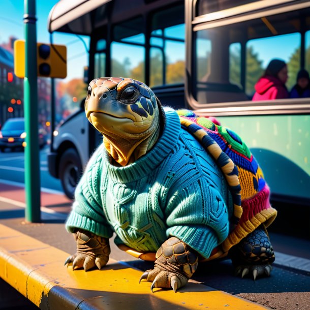 Imagem de uma tartaruga em um suéter no ponto de ônibus