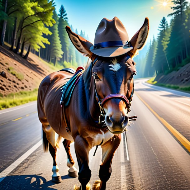 Picture of a mule in a hat on the road