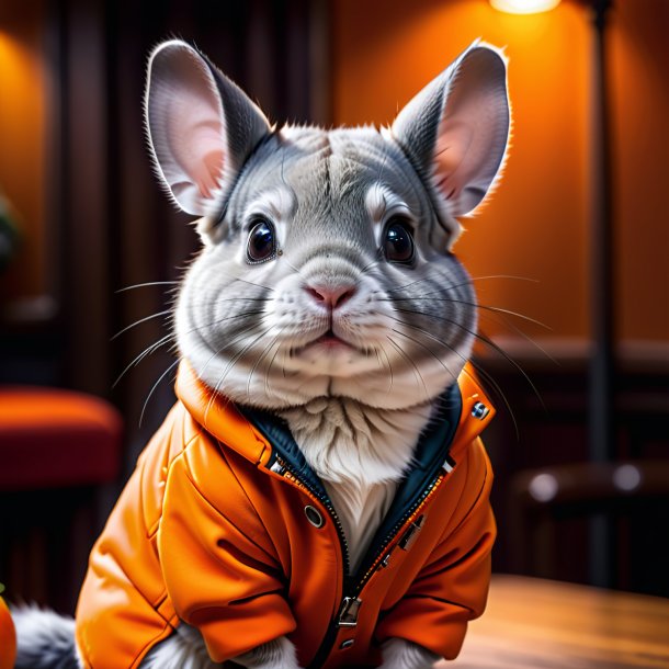 Foto de una chinchillas en una chaqueta naranja