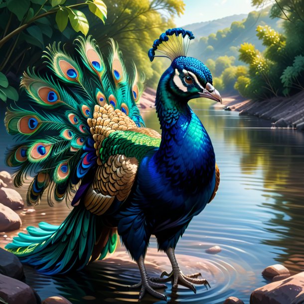 Drawing of a peacock in a gloves in the river