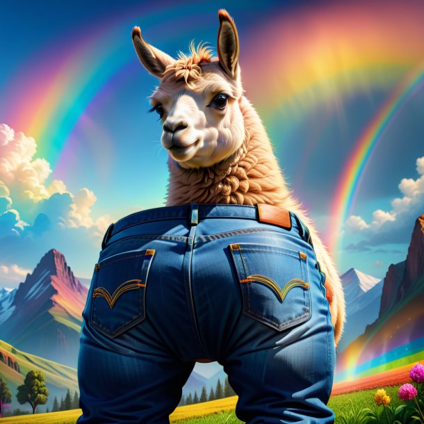 Illustration of a llama in a jeans on the rainbow