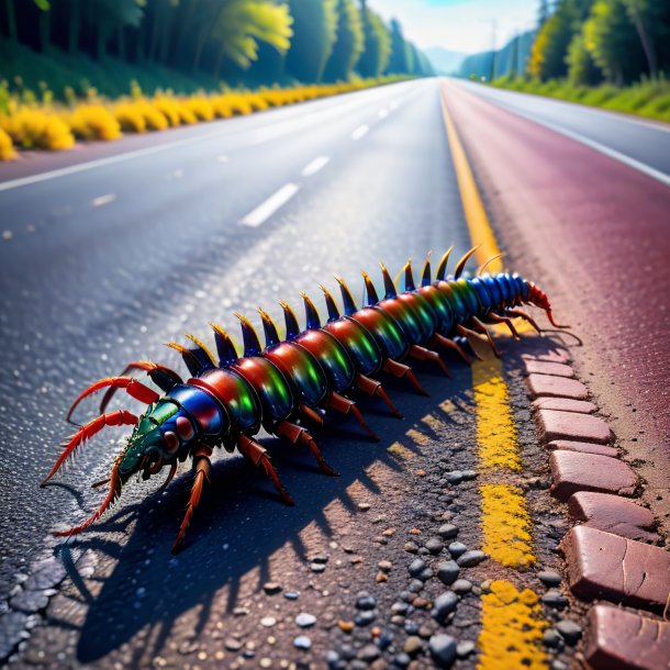 Image of a centipede in a gloves on the road