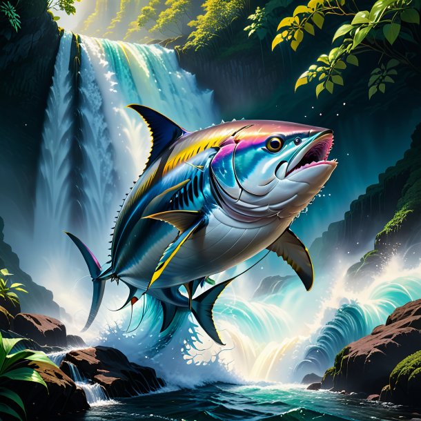 Illustration of a tuna in a coat in the waterfall