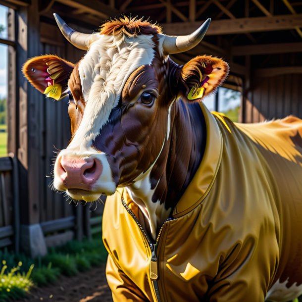 Foto de uma vaca em um casaco amarelo