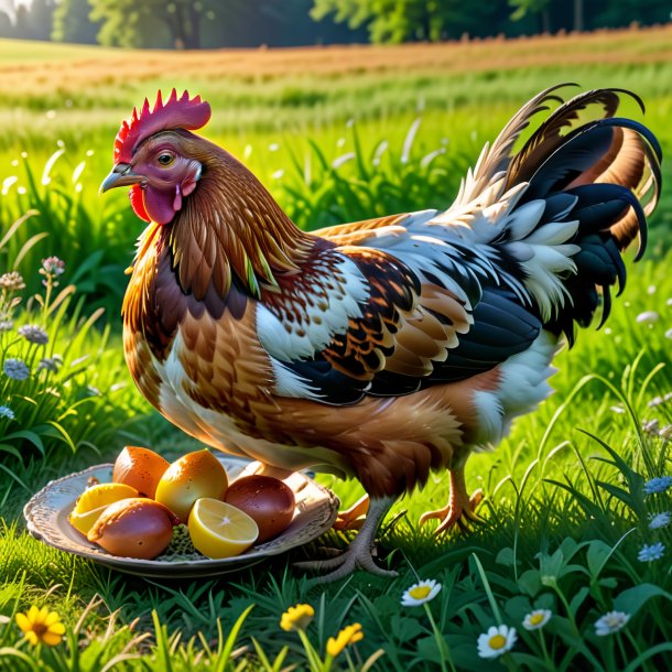 Foto de un comer de una gallina en el prado