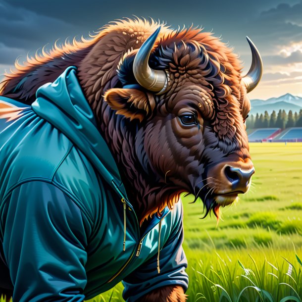 Drawing of a bison in a hoodie on the field